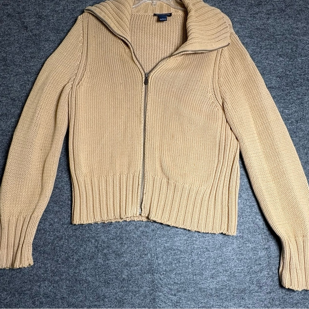 Ann Taylor Woman’s Tan Cowl Neck Sweater Size L All Cotton Front Zip Up
